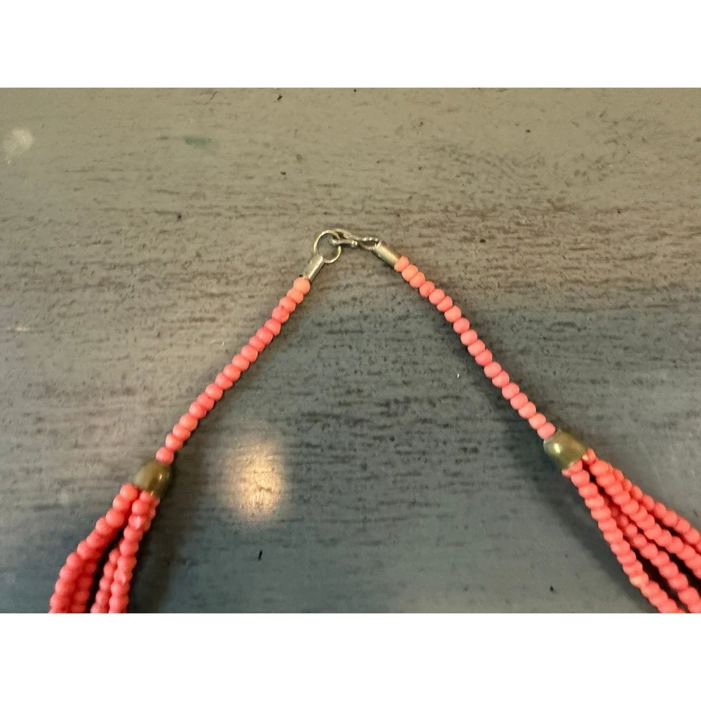 Vintage Multi Strand Coral Pink Seed Bead Hammered Gold Tone Pendant Necklace